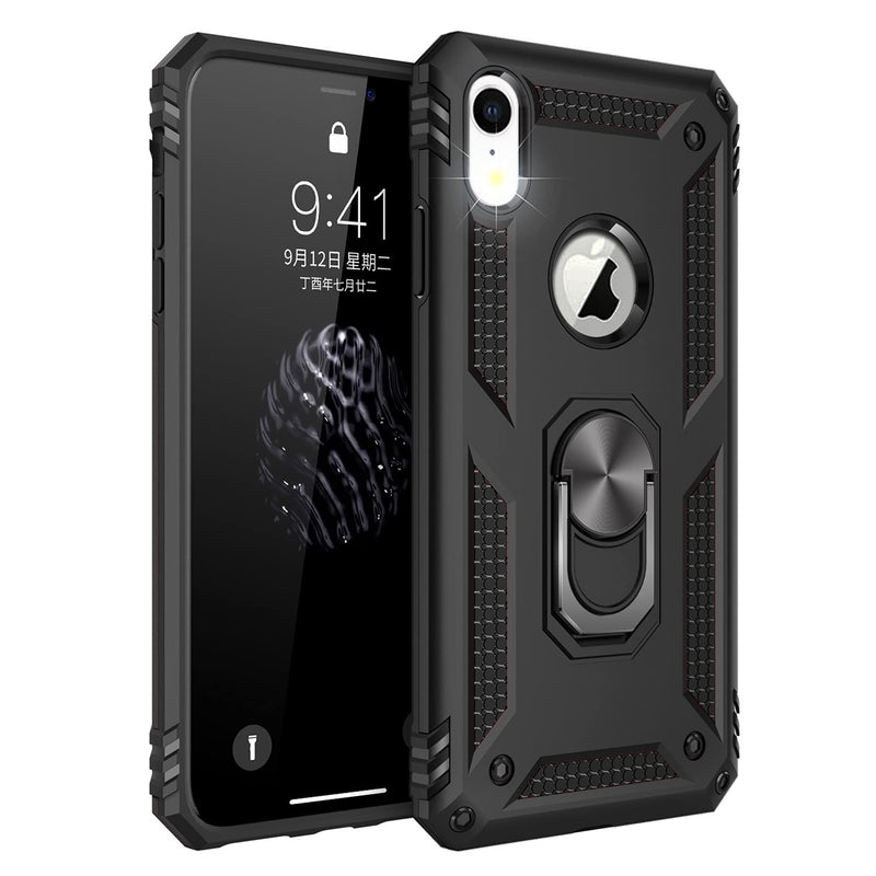 Case For Iphone Xr Cell Phone Men Women Square Design Heavy Duty Shockproof Slim Armor Bumper Protective Rugged Cover For Iphone Xr With Ring Kickstand Frigate Series Black