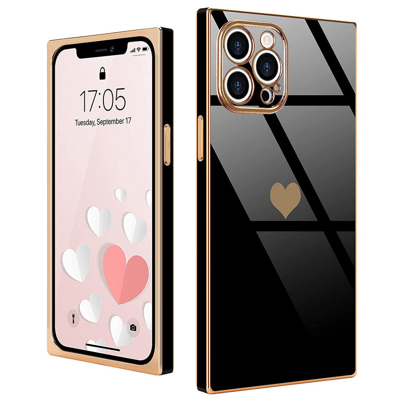 Urarssa Compatible With Iphone 12 Pro Max Case Cute Plating Gold Love Heart Square Case For Women Girls Shockproof Raised Full Camera Protection Electroplate Bumper Cover For Iphone 12 Pro Max Black