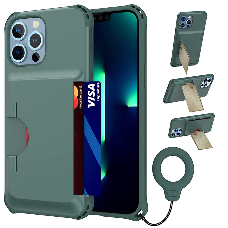 Cucell For Iphone 13 Pro Case Wallet Card Holder With Kickstandslim8Ft Military Grade Drop Protectionwith Silicone Anti Lost Ring Keychainmultiple Colors Iphone 13 Pro Wallet Case Pine Green