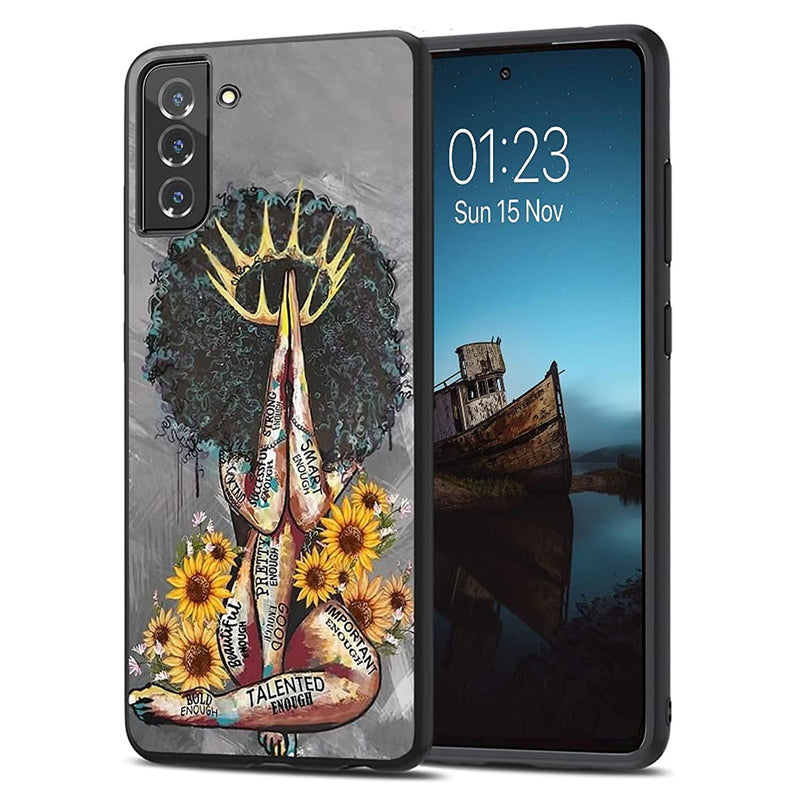 Bollsin Compatible For Samsung Galaxy S21 Plus Case Flexible Thin Protective Cover Black Queen With Sunflower