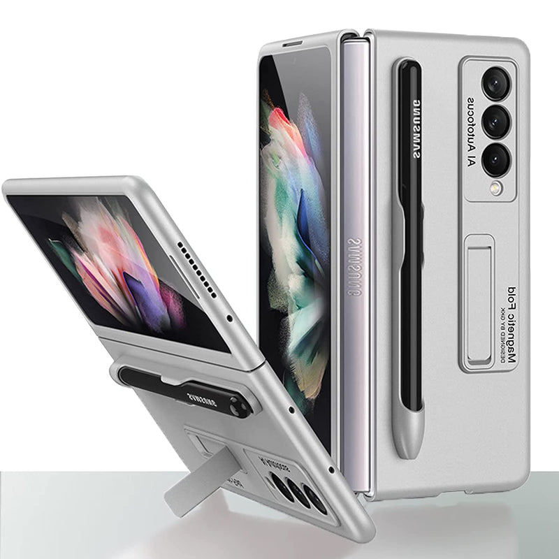 Miimall Compatible For Samsung Galaxy Z Fold 3 Case With Pen Holder Slim Folding Kickstand Anti Drop Shockproof Bumper Cover Cases For Galaxy Z Fold 3 5G Silver