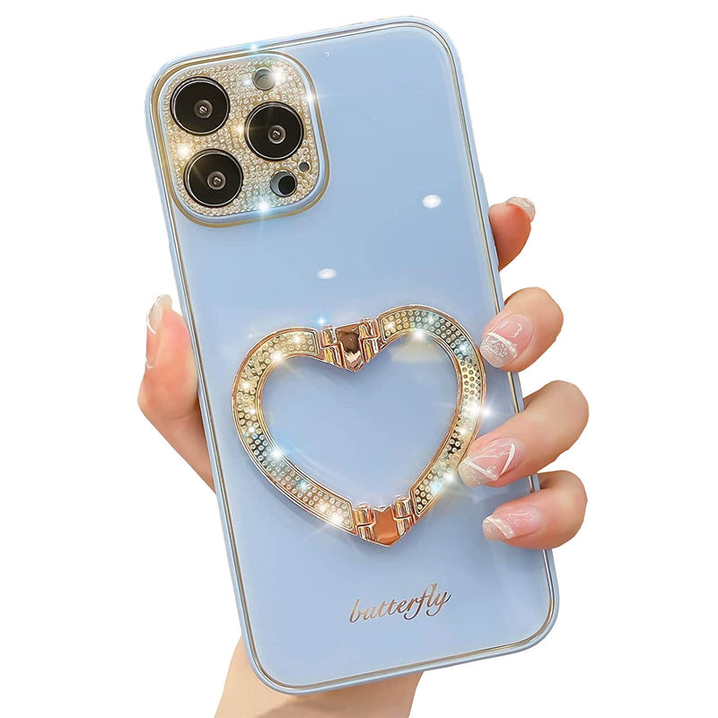 Kerzzil Luxury Compatible With Iphone 13 Pro Max Case 6 7 Inch Electroplate Glitter Love Heart Diamond Stand Case For Women Acrylic Back Soft Tpu Edgecamera Protection Coverblue