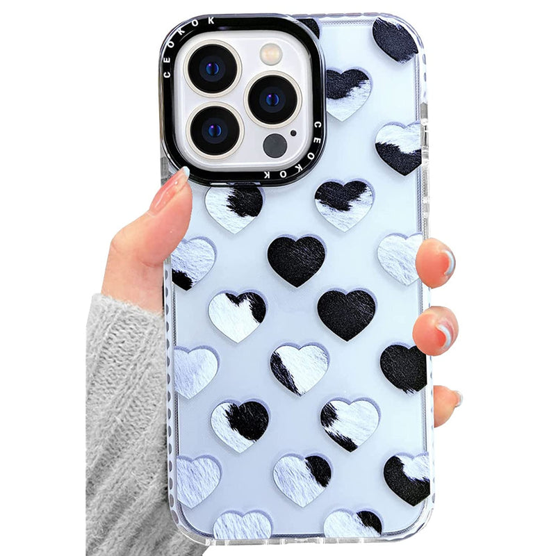 Ceokok Case Compatible For Iphone 13 Pro Cow Print Case Clear Transparent With Black White Animal Fur Drawing Love Heart Cows Pattern Design Soft Tpu Shockproof Women Girls Phone Cover Shell