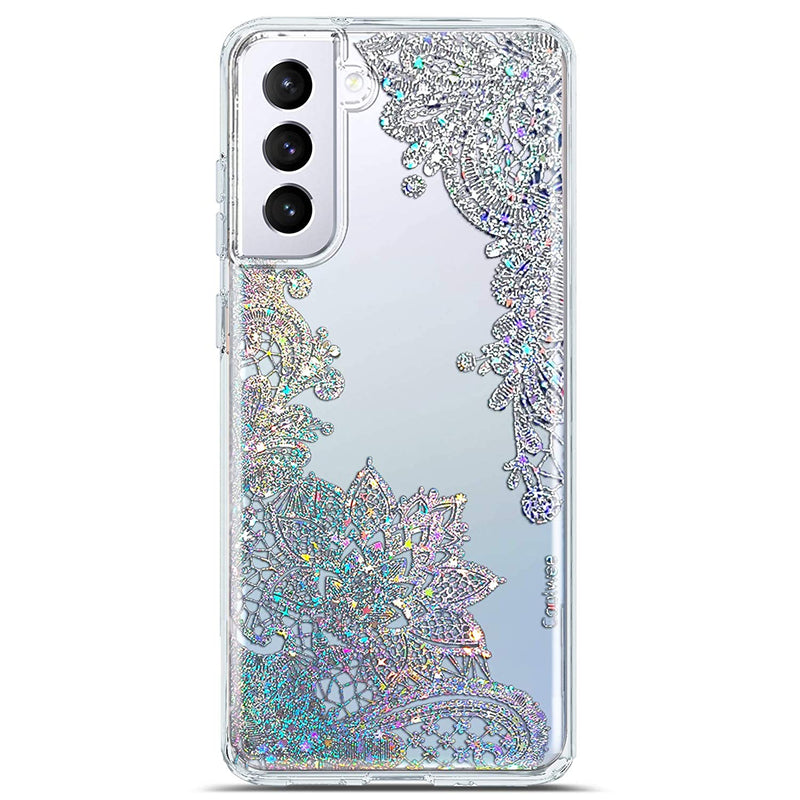 Clear Glitter For Galaxy S21 Plus Case Thin Flower Slim Cute Crystal Lace Bling Women Girls Floral Plastic Hard Back Soft Tpu Bumper Protective Cover For Samsung Galaxy S21 Plus Mandala Henna