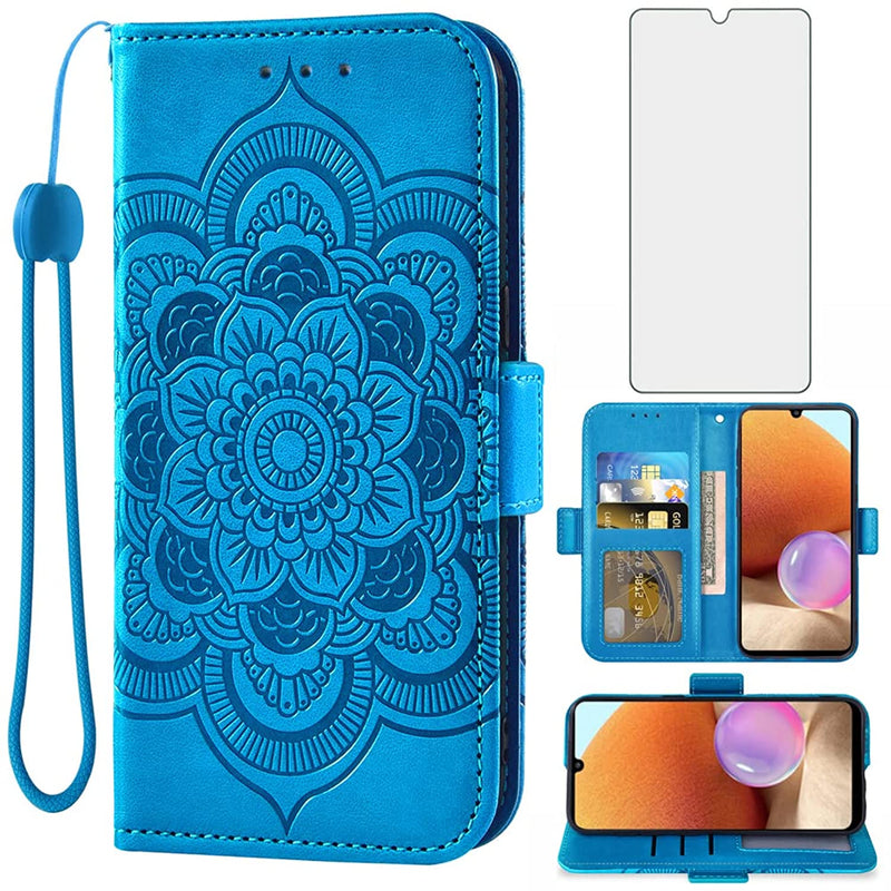 Samsung Galaxy A32 4G 6 4 Inch Wallet Case And Tempered Glass Screen Protector Flip Cover Card Holder Cell Phone Cases For Glaxay A 32 32A S32 G4 Sm A325M Ds Women Men Blue