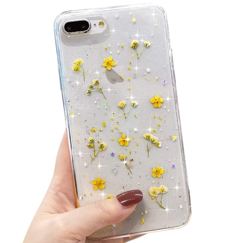 L Fadnut Dried Flower Phone Case For Iphone Se 2022 Iphone 7 Iphone 8 Glitter Sparkly Star Case Girls Silicone Gel Shockproof Clear Flower Floral Cute Pressed Flower Case For Iphone 7 8 Se2020 Yellow