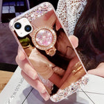 Lapopnut For Iphone 13 Pro Max Case Luxury Crystal Rhinestone Soft Rubber Bumper Cover Bling Diamond Glitter Mirror Makeup Protective Case With Ring Stand Holder For Iphone 13 Pro Max Rose Gold