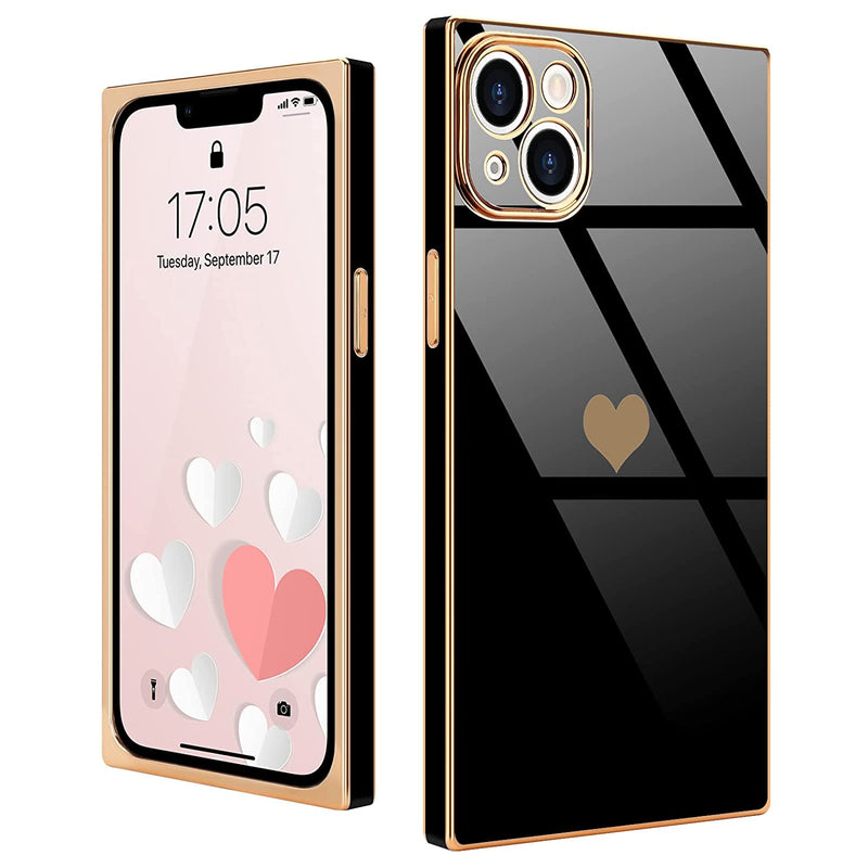 Urarssa Compatible With Iphone 13 Case Cute Plating Gold Love Heart Square Case For Women Girls Shockproof Raised Full Camera Protection Electroplate Bumper Cover For Iphone 13 Black