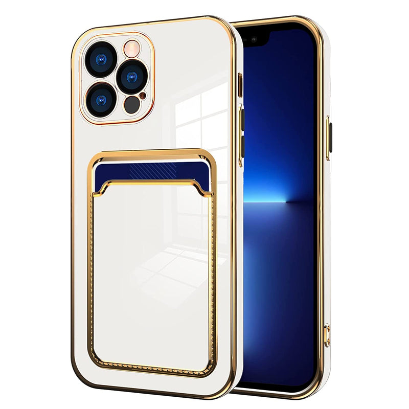 Ziye For Iphone 13 Pro Wallet Case With Card Holder For Women Girly Cute Slim Flexible Soft Tpu Plating Lens Camera Shockproof Protective Cover Electroplated Gold Edge For Iphone 13 Pro Case White
