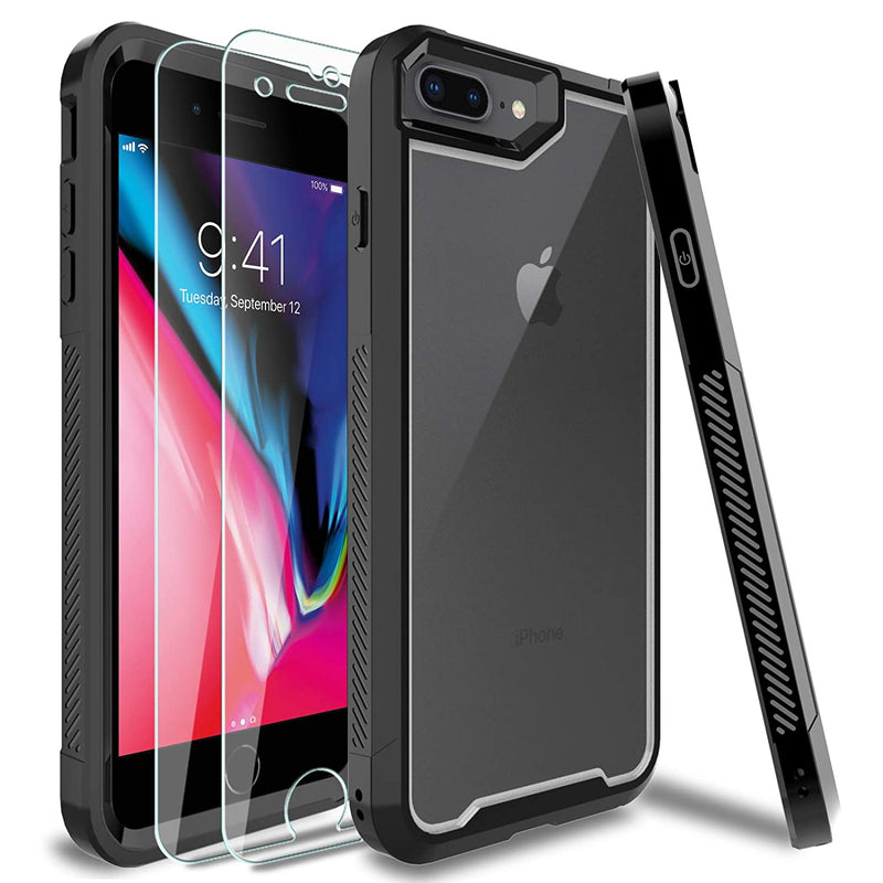 Iphone 7 Plus Case Iphone 8 Plus Case With 2 Pack Tempered Glass Screen Protector Heavy Duty Protection Crystal Clear Shock Absorption Protective Phone Case Cover For Iphone 7 8 Plus Black