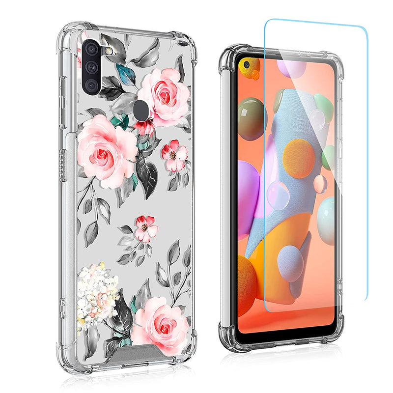 Samsung Galaxy A11 Clear Case Pink Rose Floral Design With Tempered Glass Screen Protector For Women Girls Protective Cell Phone Tpu Bumper Cover Shockproof Cute Flowers Case For Galaxy A11 6 67