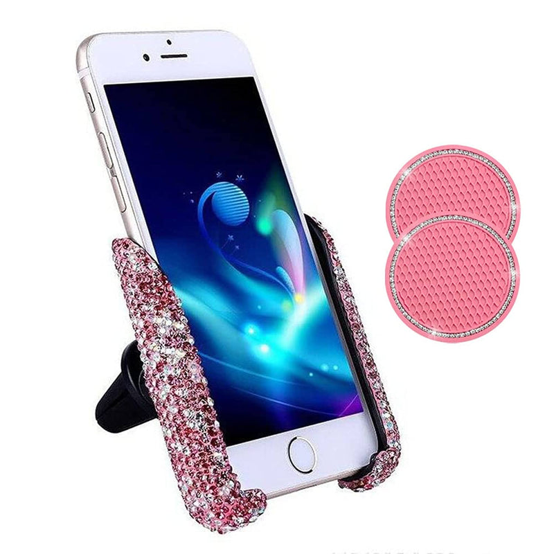 Suncaraccl Bling Car Phone Holder With 2 Pcs Bling Car Coasters 360 Adjustable Crystal Auto Car Stand Phone Holder Rhinestone Car Interior Accessories Pink 1