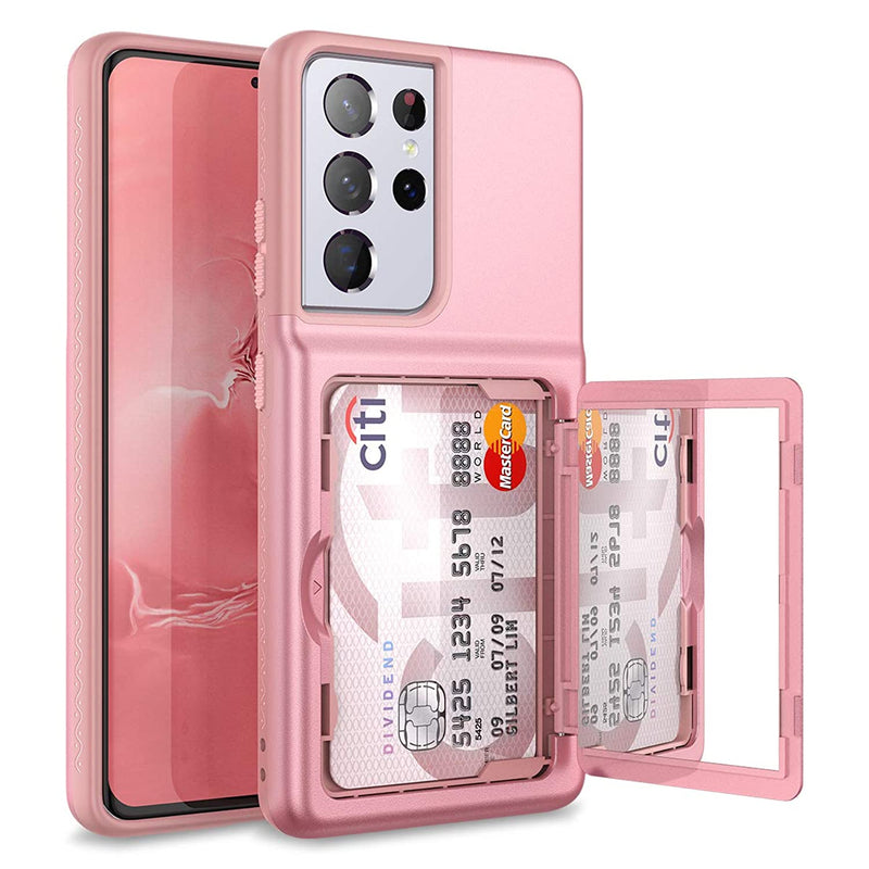 For Samsung Galaxy S21 Ultra Wallet Case With Credit Card Holder Hidden Mirror Defender Protective Shockproof Heavy Duty Phone Cover For Samsung Galaxy S21 Ultra 5G 6 8 Inch Rose Gold