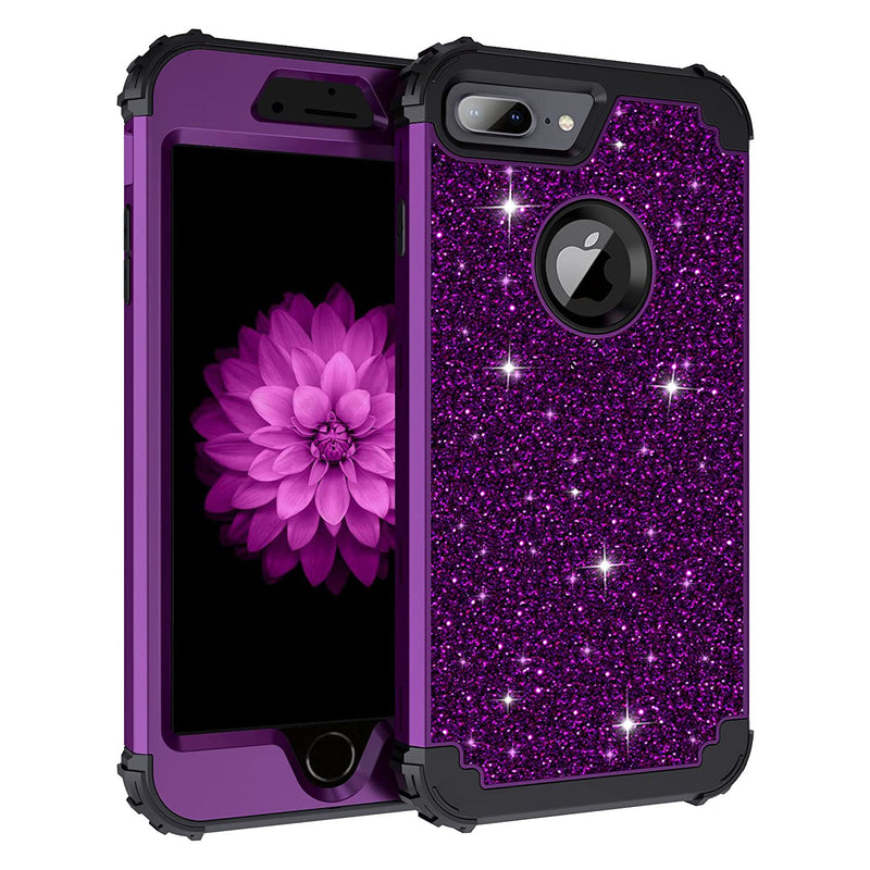 For Iphone 8 Plus Case Iphone 7 Plus Case Glitter Sparkle Bling Heavy Duty Hybrid Sturdy High Impact Shockproof Protective Cover Case For Apple Iphone 8 Plus Iphone 7 Plus Shiny Purple Black