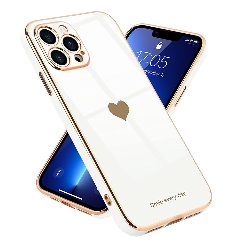 Wirvyuer Compatible With Iphone 13 Pro Max Electroplated Love Heart Cute Phone Case Soft Tpu Shockproof Slim Anti Scratch Cover Plating Camera Protective Back Cover For Women Girls White