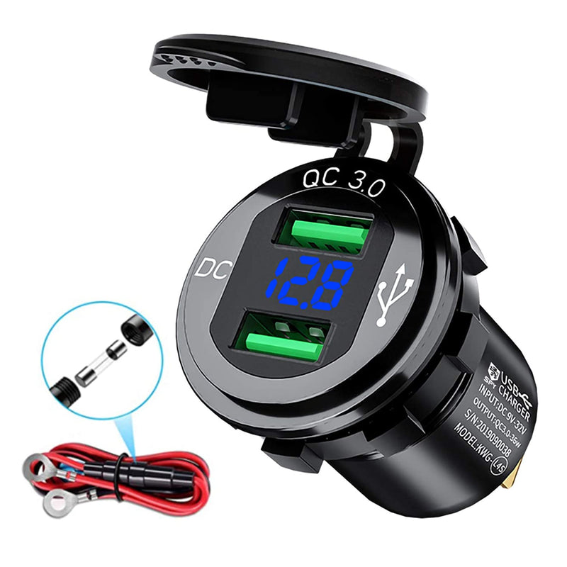 Usb Charger Socket Quick Charge 3 0 Waterproof Dual Usb Car Power Outlet 12V 24V Fast Charge With Led Voltmeter For Car Marine Boat Motorcycle Truck Rv And More Black