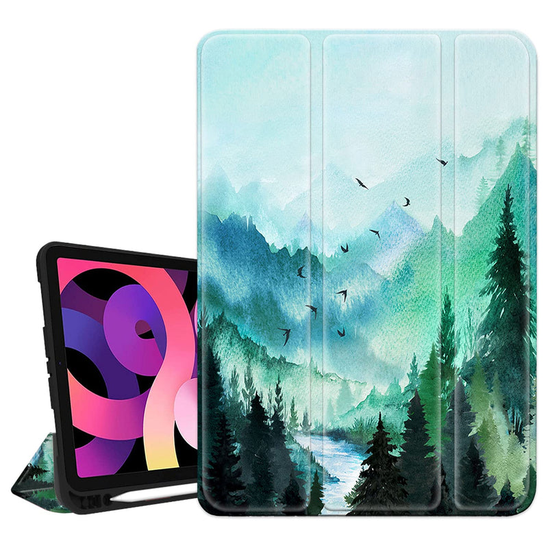 Ipad Air 4Th Generation Case Mountain Forest Landscape Ipad Air Case 4Th Generation With Pencil Holder 2020 Green Ink Tree Bird Ipad 10 9 Case Cover Auto Sleep Wake For A2072 A2316 A2324 A2325