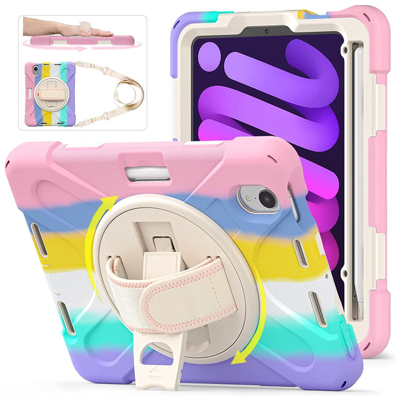 New Ipad Mini 6 Case 2021 Heavy Sturdy Shockproof Kids Case With Screen Protector Rotating Stand Pencil Holder Carrying Strap For For Apple Ipad Mini 6 8