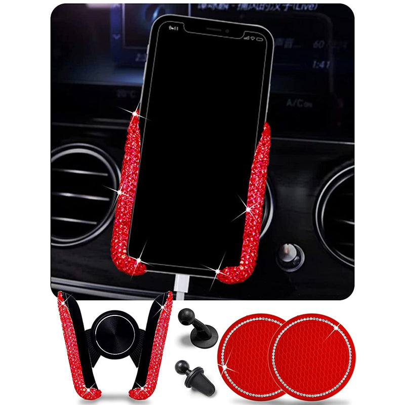 Bling Car Phone Holder Car Phone Mount Mini Car Air Vent Rhinestone Cell Phone Holder Universal Phone Mount Holder Car Shiny Accessories For Women With Bling Car Coaster Red