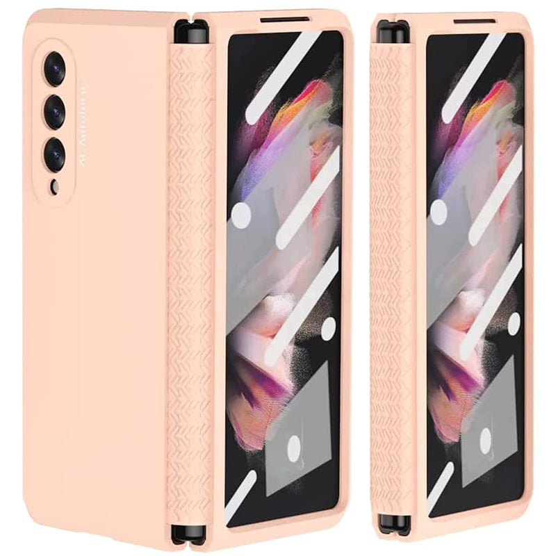 Miimall Compatible Samsung Galaxy Z Fold 3 Case With Hinge Protection Telescopic Folding Anti Drop Shock Proof Full Cover Bumper Cases For Samsung Galaxy Z Fold 3 5G Built In Screen Film Pink