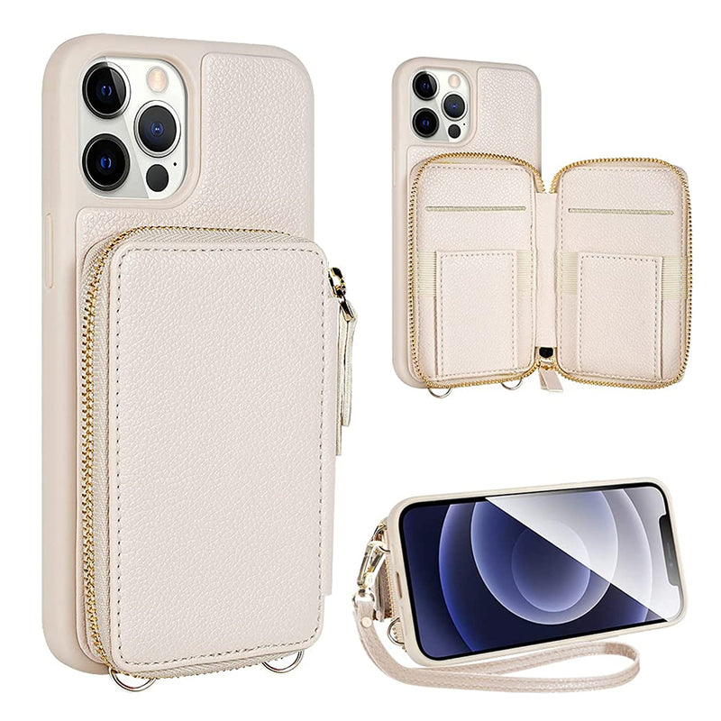 Zve Wallet Case Compatible With Iphone 12 Pro 12 Card Holder Case With Wrist Strap Leather Handbag Case For Women Protective Cover Compatible With Iphone 12 Pro 12 6 1 Beige