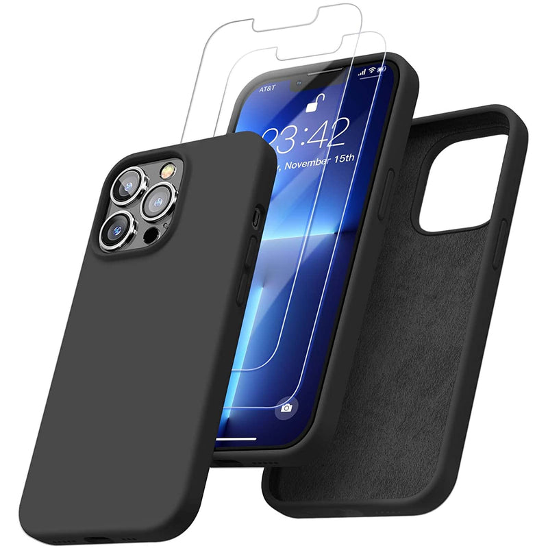 Enskko 5 In 1 Designed For Iphone 13 Pro Max Silicone Case With 2 Pack Screen Protector 1 Phone Stand 1 Wiping Cloth Liquid Silicon Cover With Microfiber Lining For Men Women Black