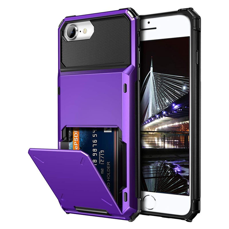 For Iphone 6S Case Iphone 8 Wallet Iphone Se 2020 Case Credit Card Holder Id Slot Pocket Dual Layer Protective Bumper Rugged Tpu Rubber Armor Hard Shell Cover For Iphone 6 6S 7 8 Se2 Purple