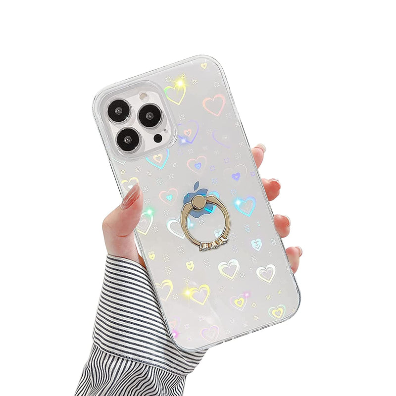 Newseego Compatible With Iphone 13 Pro Max Case Clear Sparkle Bling Laser Shockproof Protective Cover With Diamond Ring Kickstand Fashion Colorful Glitter Love Heart Design For Girls Women