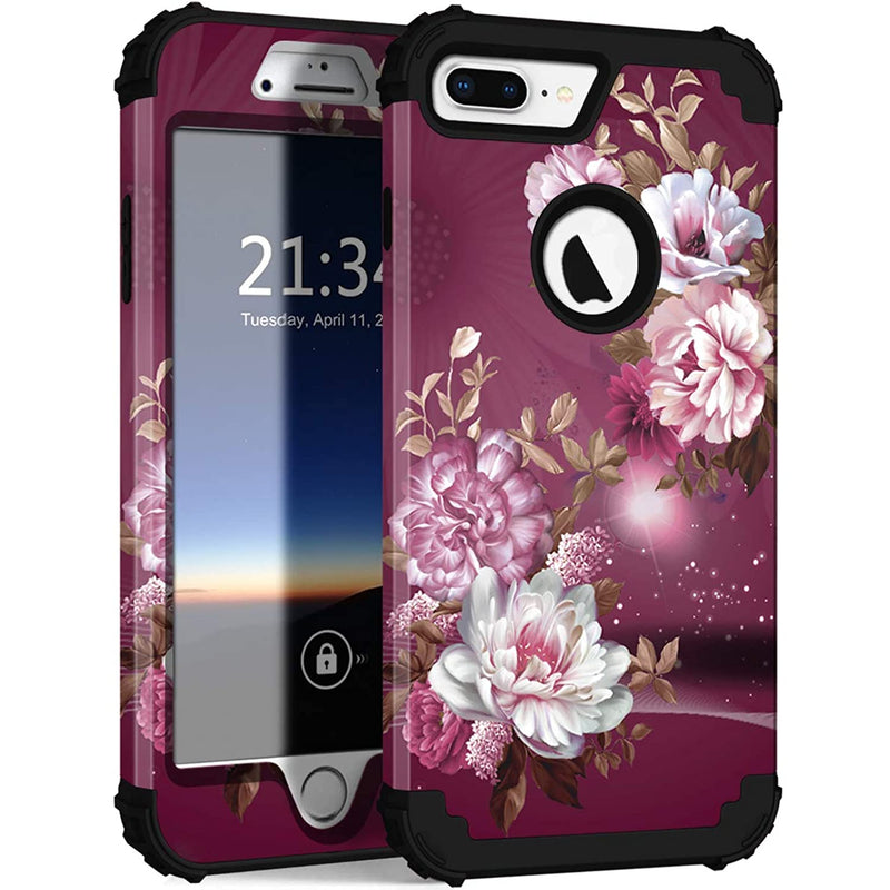 For Iphone 8 Plus Case Iphone 7 Plus Case Heavy Duty Shockproof Protection Hard Plastic Silicone Rubber Hybrid Protective Case For Iphone 8 Plus Iphone 7 Plus Royal Purple White Flowers