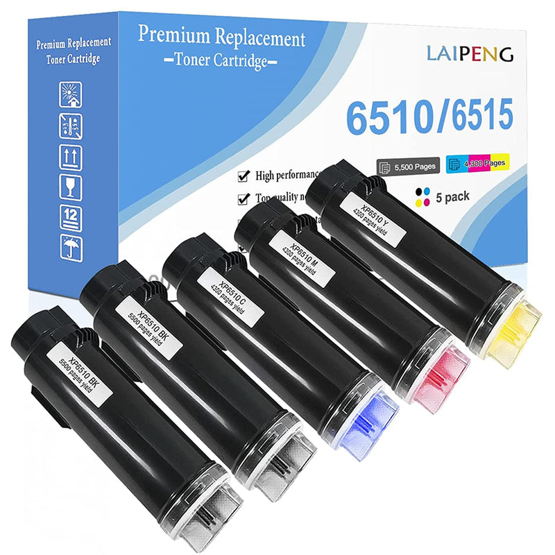 5 Packs Compatible Toner Cartridges 2Black Cyan Magenta Yellow The Highest Capacity 5500 Pages For Black 4300 Pages For C M Y For Xerox Phaser 6510 Wo