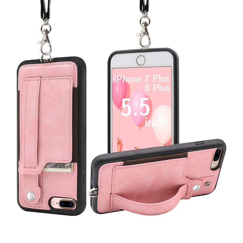 Iphone 8 Plus Wallet Case Iphone 7 Plus Case With Card Holder Lanyard Necklace Iphone 8 Plus Case With Stand Iphone 7 Plus Case Wallet Detachable Iphone Case With Strap For Anti Lost Pink