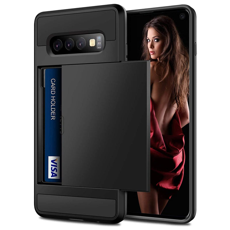 Cover For Galaxy S10 Case Wallet Credit Card Holder Id Slot Sliding Door Hidden Pocket Anti Scratch Dual Layer Protective Hard Shell Rugged Tpu Bumper Armor For Samsung Galaxy S10 Black
