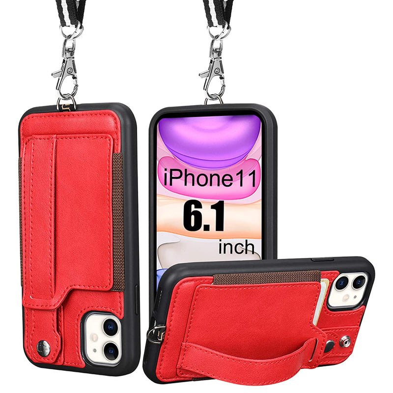 Iphone 11 Case Iphone 11 Wallet Case Lanyard Neck Strap With Kickstand Leather Card Holder Adjustable Detachable Necklace Phone Protective Back Cover For Apple Iphone 11 6 1 Inch 2019 Red
