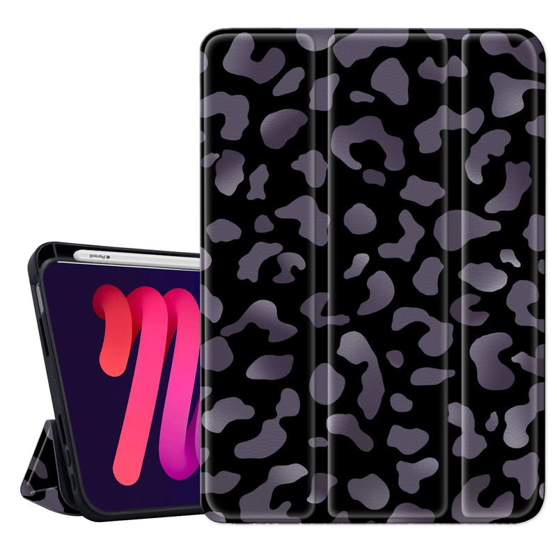 New Ipad Mini 6 Case With Pencil Holder 2021 8 3 Inch Black Leopard Purple Cheetah Trifold Animal Print Black Cover For Ipad Mini 6Th Generation Auto Slee