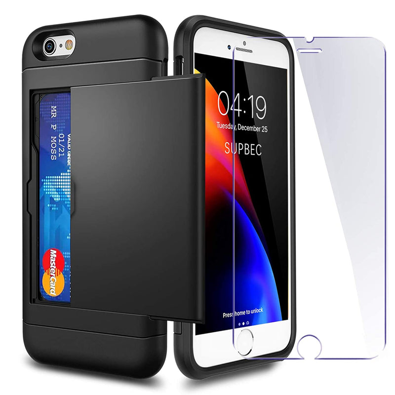 Iphone 7 8 Se 2020 Case With Card Holder And Screen Protector Tempered Glass X2Pack I Phone 7 8 Se 2 Wallet Case Cover With Shockproof Silicone Tpu Hard Pc Full Protective Black
