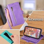 Detachable Wallet Case For Iphone 13 Pro Max Auker 9 Card Holder Kickstand Folio Flip Leather Zipper Pocket Magnetic Wallet Clutch With Strap 2In1 Removal Slim Case Full Body Protective Purse Purple
