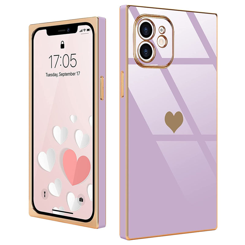 Urarssa Compatible With Iphone 12 Case Cute Plating Gold Love Heart Square Case For Women Girls Shockproof Raised Full Camera Protection Electroplate Bumper Cover For Iphone 12 Purple