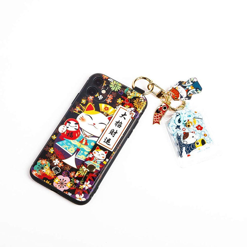 Compatible With Iphone 12 Pro Case With Phone Lanyard 6 1 Inch Cute Japanese Lucky Cat Design Glitter Luxury Soft Silicone 3D Emboss Phone Case Iphone 12 Pro With Wrist Strap Iphone 12 Pro Black