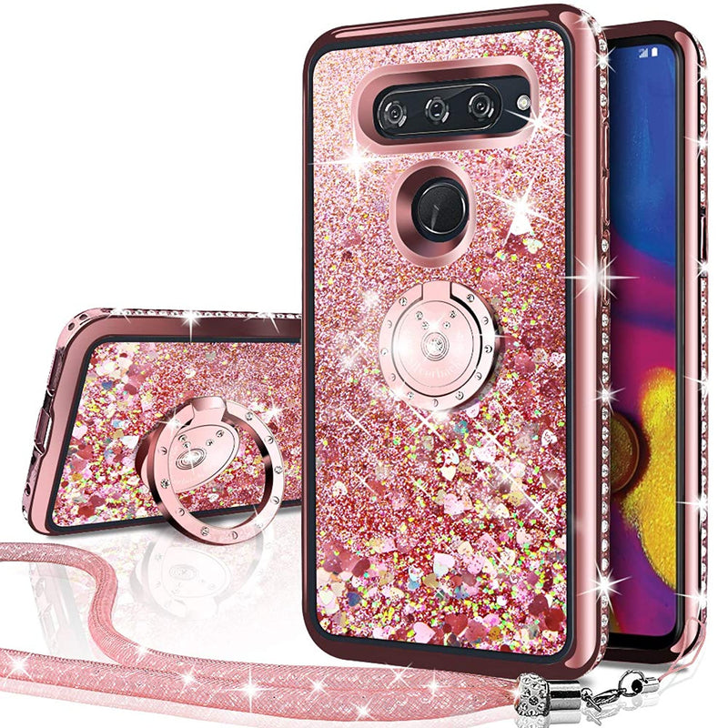 Lg V40 Case Lg V40 Thinq Case Moving Liquid Holographic Sparkle Glitter Case With Kickstand Bling Diamond Rhinestone Bumper With Ring Stand Slim Protective Case For Lg V40 Thinq Rd