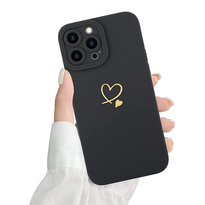 Mzelq Compatible With Iphone 13 Pro Max Case Luxury Gold Heart Pattern Soft Liquid Silicone Shockproof Case For Women Girls Side Cute Plating Slim Heart Design Phone Case For Iphone 13 Pro Maxblack