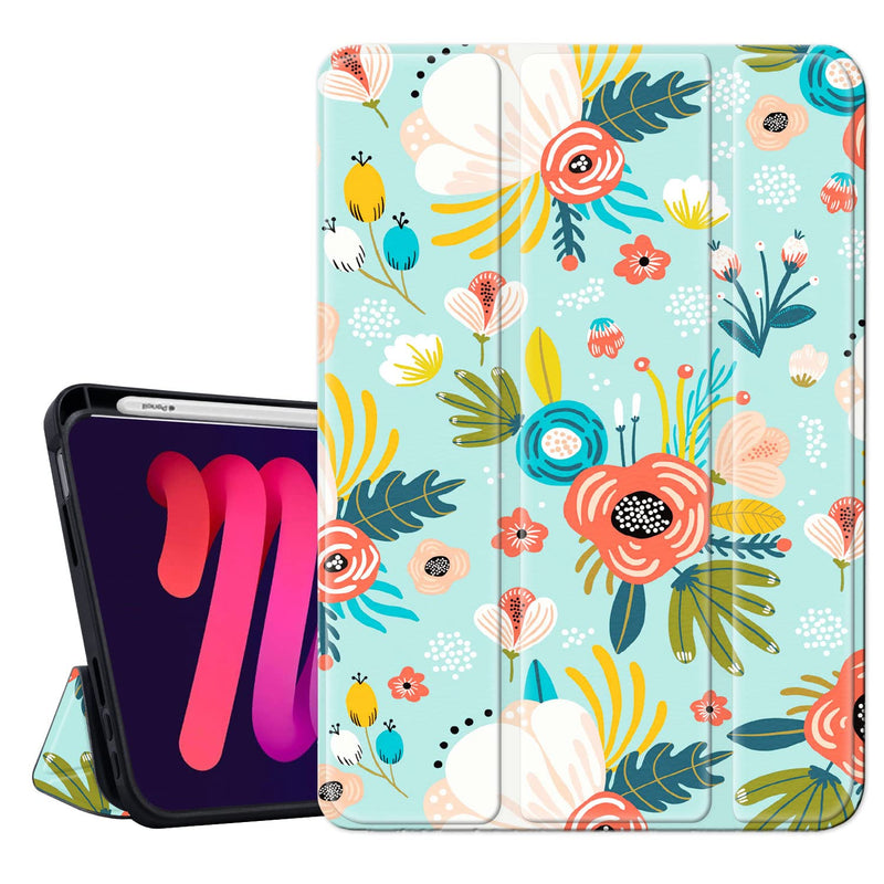 Ipad Mini 6 Case 2021 8 3 Inch With Pencil Holder Flower Floral Trifold Stand Protective Shockproof Ipad Mini 6Th Generation Cover Auto Sleep Wake For A2567 A2568 A2569