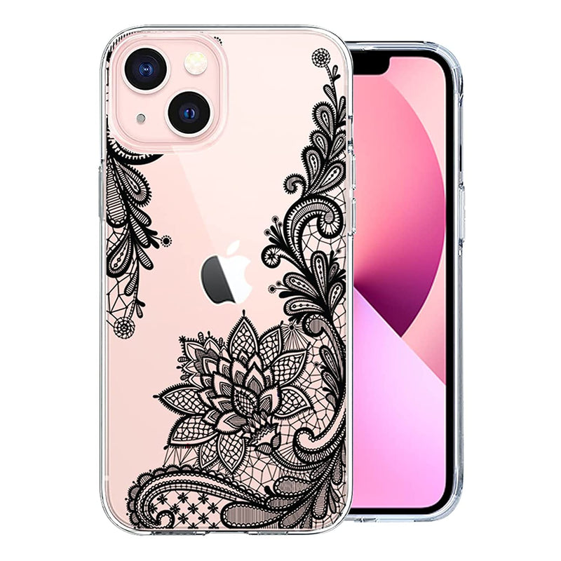 Case Compatible With Iphone 13 6 1 Inch Clear Cute Black Lace Flower Soft Tpu Bumper Hard Back Shockproof Women Girls Phone Cover Floral Pattern Design Hybrid Protective Case Black Floral13