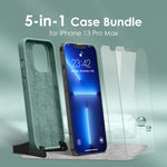 Enskko 5 In 1 Designed For Iphone 13 Pro Max Silicone Case With 2 Pack Screen Protector 1 Phone Stand 1 Wiping Cloth Liquid Silicon Cover With Microfiber Lining For Men Women Midnight Green