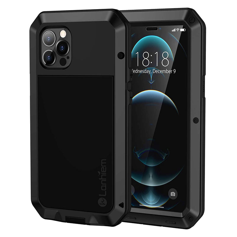 Lanhiem Metal Case For Iphone 12 Pro Max 6 7 Inch Heavy Duty Shockproof Tough Armour Case With Built In Glass Screen Protector 360 Full Body Dust Proof Protective Cover Black