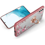 B Wishy For Samsung Galaxy S22 Phone Case For Women Glitter Crystal Butterfly Heart Floral Slim Tpu Luxury Bling Cute Protective Cover With Kickstand Strap For S22 Rose Gold