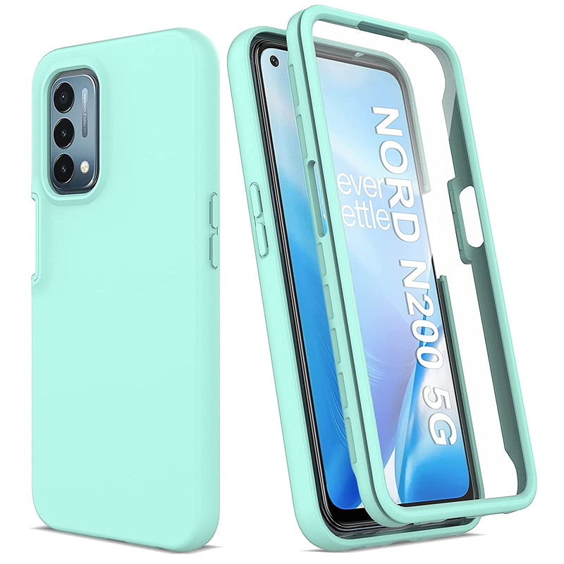 For Oneplus Nord N200 5G Case With Built In Screen Protector Full Body Shockproof Phone Case Soft Liquid Silicone Back Cover Hard Front Cover Slim Rugged Protective Cover Case Mint Green