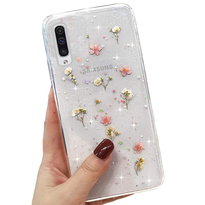L Fadnut Clear Case For Samsung Galaxy S21 Cute Dried Flowers Sparkle Stars Glitter Silicone Case Girls Pressed Floral Shockproof Case For Samsung Galaxy S21 5G Pink