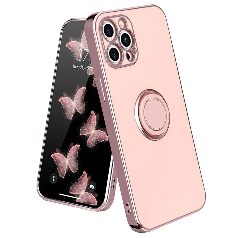 Rosehui Compatible With Iphone 13 Pro Case For Women Girls Cute Luxury Stand Phone Case With Ring Kickstand Holder Plating Bumper Soft Silicone Shockproof Protective Cover Support Car Mount Pink