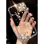 For Iphone 13 Pro Max Case For Women Luxury Glitter Sparkle Diamond Pearl Flower Design Soft Crystal Clear Rhinestone Handmade Protective Cover With Rugged Edge For Iphone 13 Pro Max For Girls 6 7