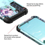Casetego For Galaxy S21 Fe 5G Case Floral Three Layer Heavy Duty Sturdy Shockproof Soft Silicone Rubber Hard Plastic Bumper Protective Cover Case For Samsung Galaxy S21 Fe 5G Blue Flower